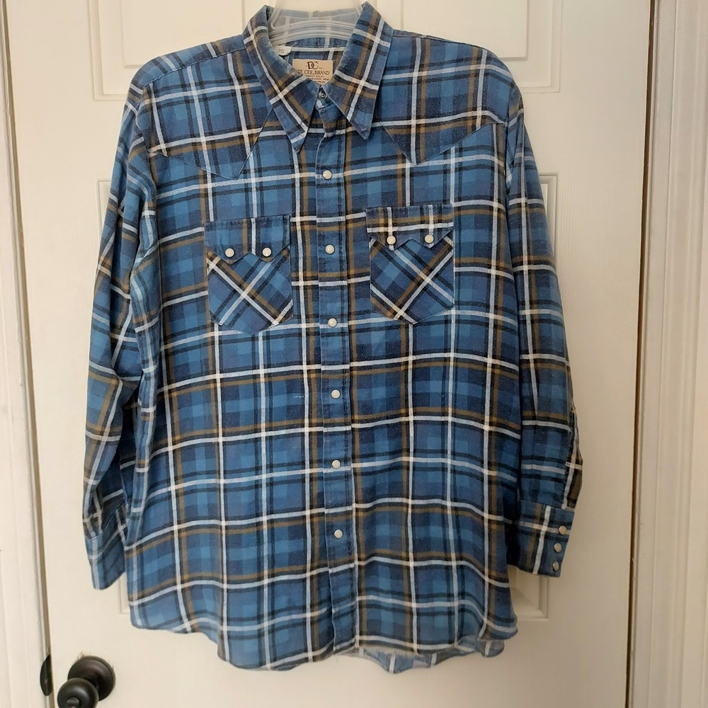 Vintage Dee Cee Brand Mens Western Pearl Snap Plaid Flannel Shirt Blue 17-34 USA